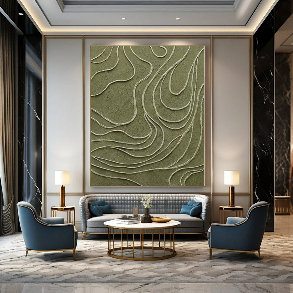 “Olive Green with White Curved Lines” - Textured Abstract Painting On Canvas PS0144