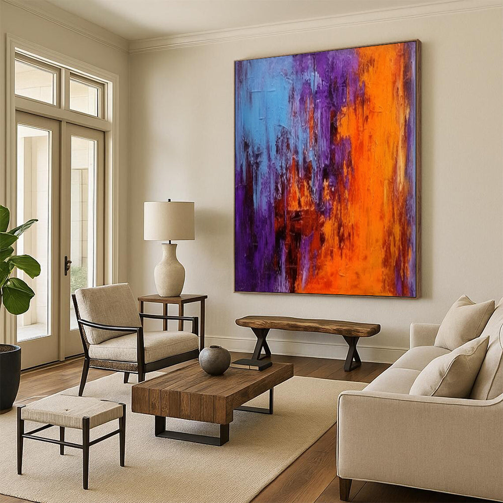 Blue - Purple - Orange Abstract Clash Textured Painting On Canvas DS075