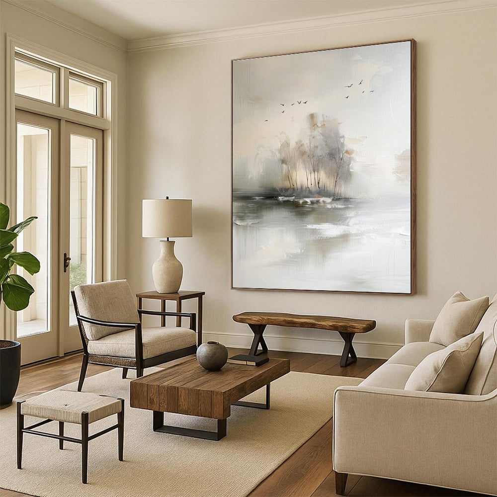 “Misty Landscape Serenity” - Gray, White, Beige Abstract Landscape Painting On Canvas PS0626
