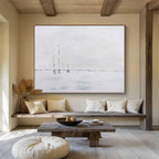 “White - Gray Minimalist Sailboats” - Abstract Landscape Painting On Canvas PT261