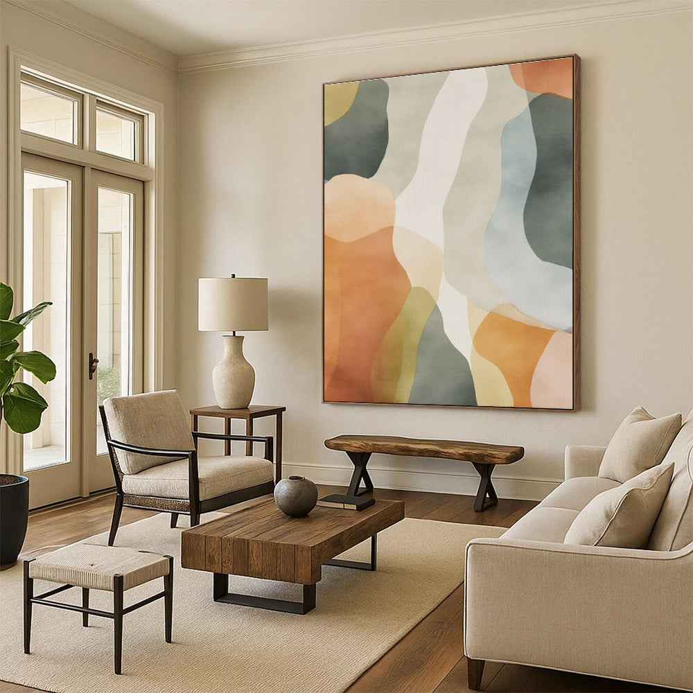 “Earth - Toned Wavy Abstraction” - Earth - Toned, Beige, Gray, Green Abstract Painting On Canvas PS0761