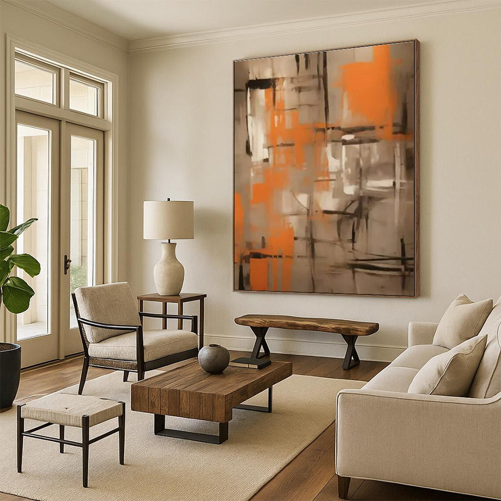 Orange & Grey Abstract Grid Painting On Canvas PS0816