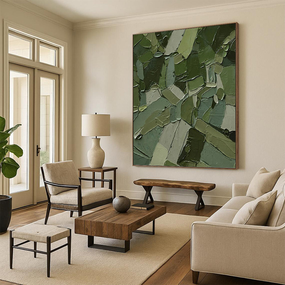 “Green Patchwork Abstract” - Cubist Abstract Painting On Canvas PT1211