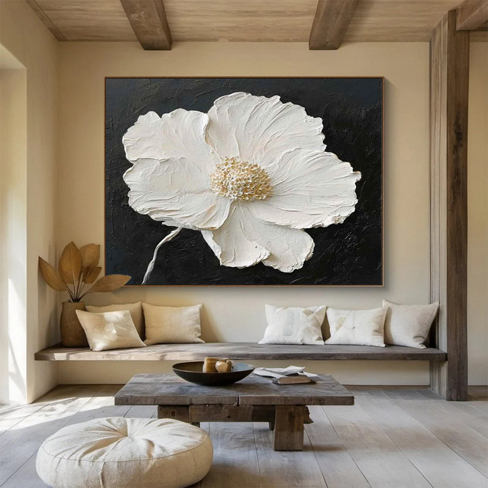 “Textured White Flower on Black” - Impasto Floral Painting On Canvas PT091
