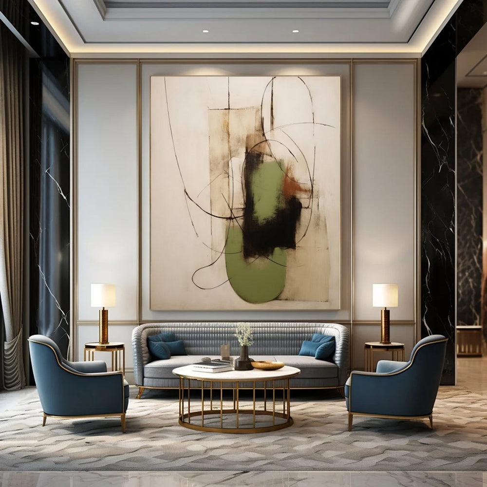 Black, Green, Beige with Curved Lines and Shapes "Organic Fusion" Abstract Painting On Canvas PS1294