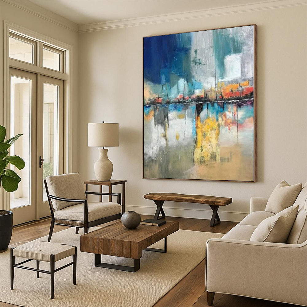 “Blue - Orange Cityscape” - Abstract Impressionist Painting On Canvas PT2331