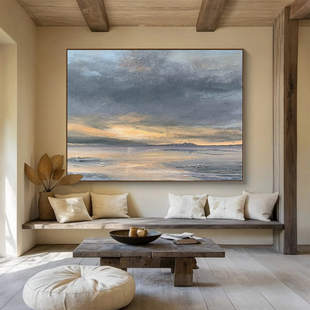 “Dramatic Coastal Sunset in Grays and Oranges” - Impressionistic Seaside Painting On Canvas PT023