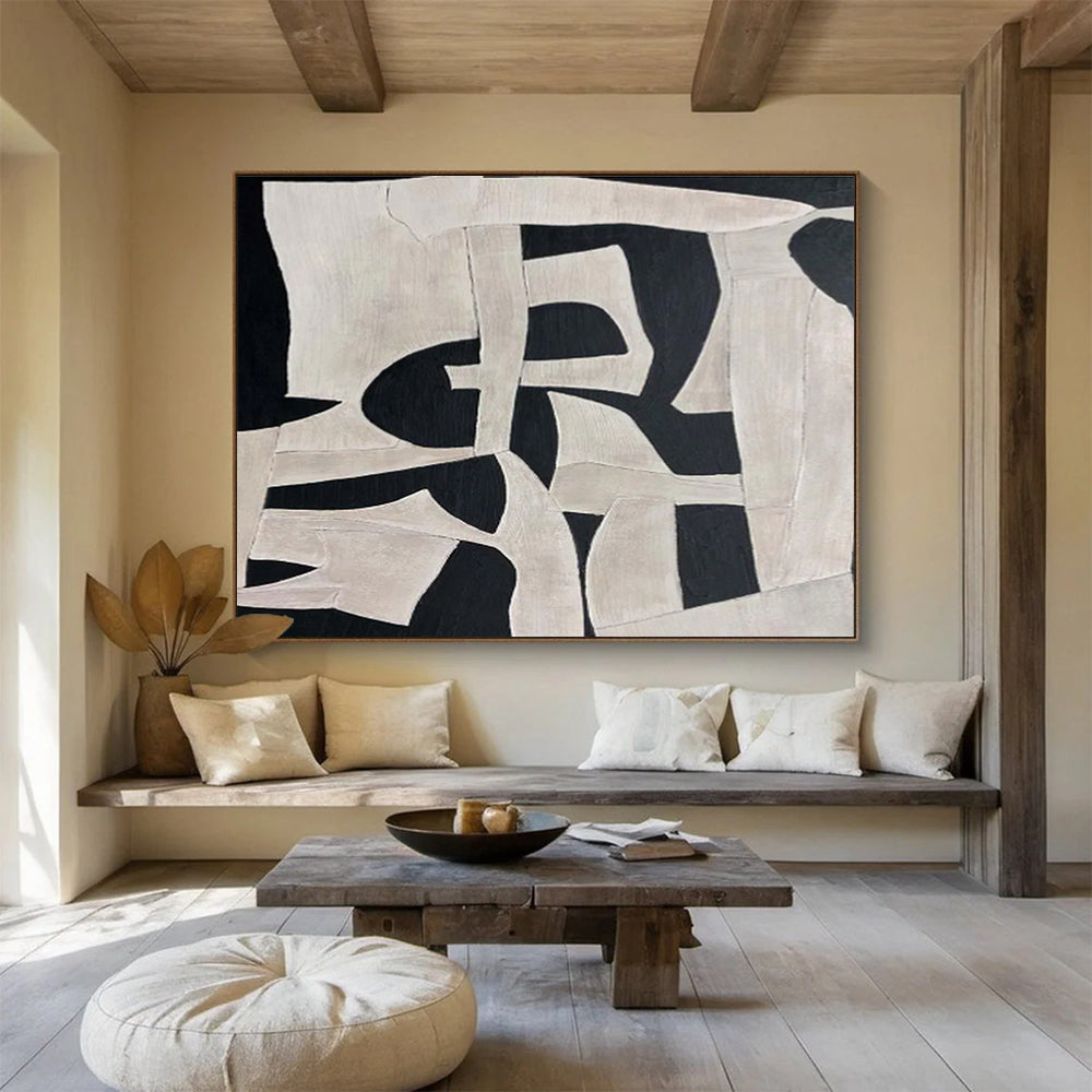 Black and White Geometric Shapes Abstract Painting On Canvas DKS091