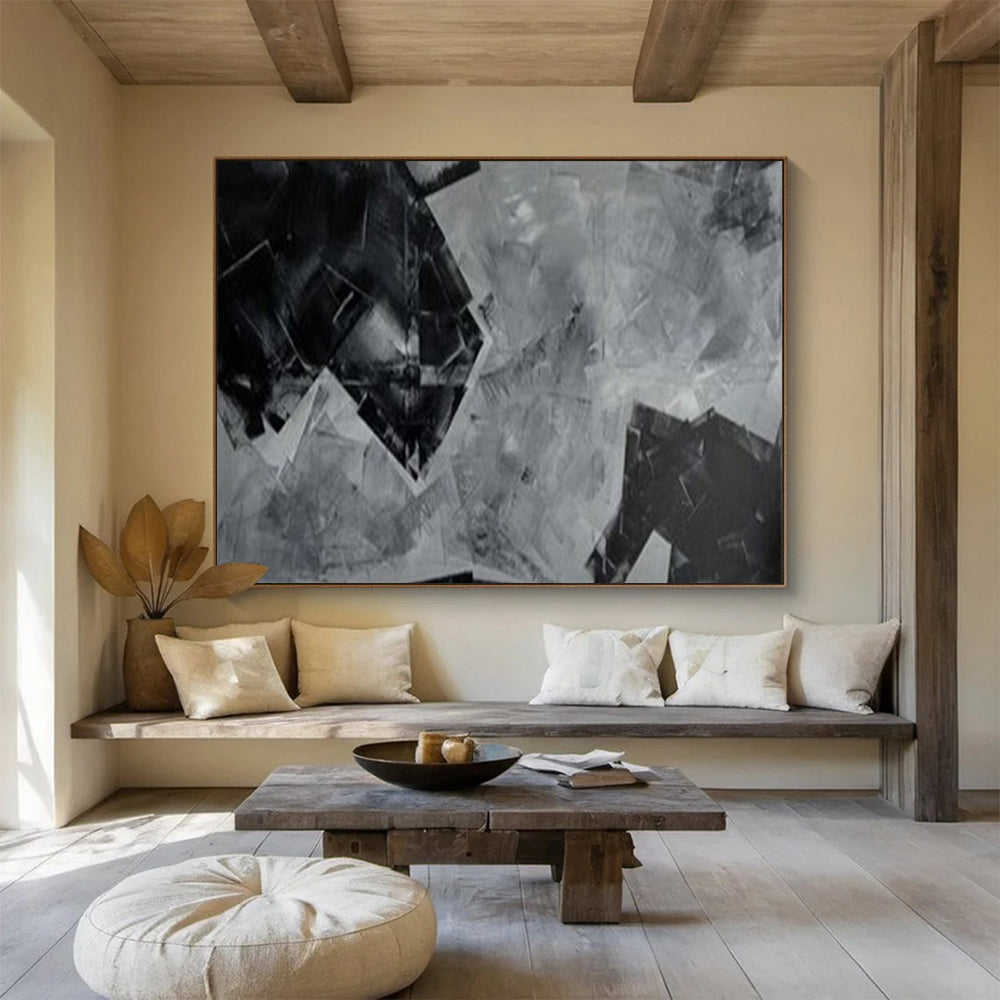 “Black - White Geometric Collage” - Abstract Cubist - Painting On Canvas PT1732