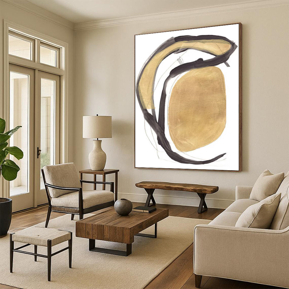 “Gold & Black Curved Forms” - Metallic Hues with Fluid Lines Painting On Canvas DS223
