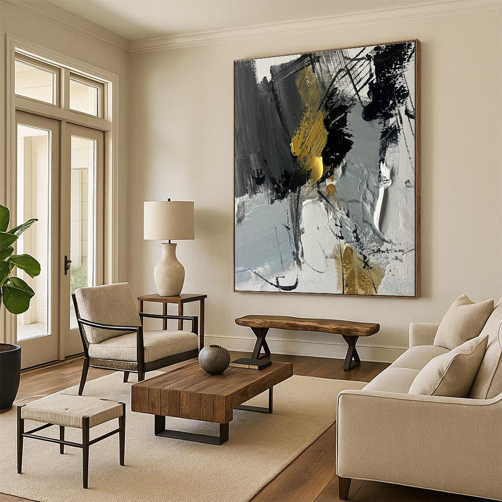 Charcoal, Gray, Gold, White Opulent Chaos “Gilded Storm” - Painting On Canvas PS0792
