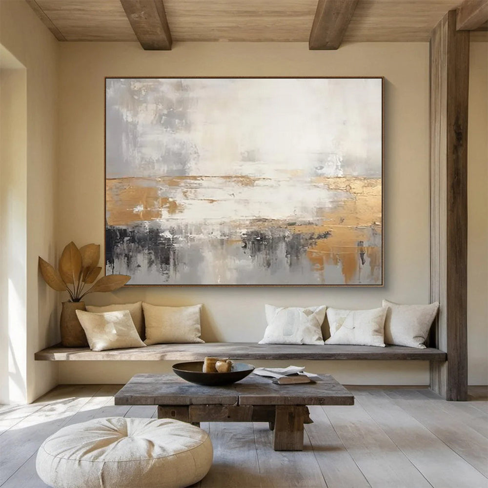 “Gray, Gold, and White Abstract Horizon” - Minimalist Abstract Painting On Canvas PT108