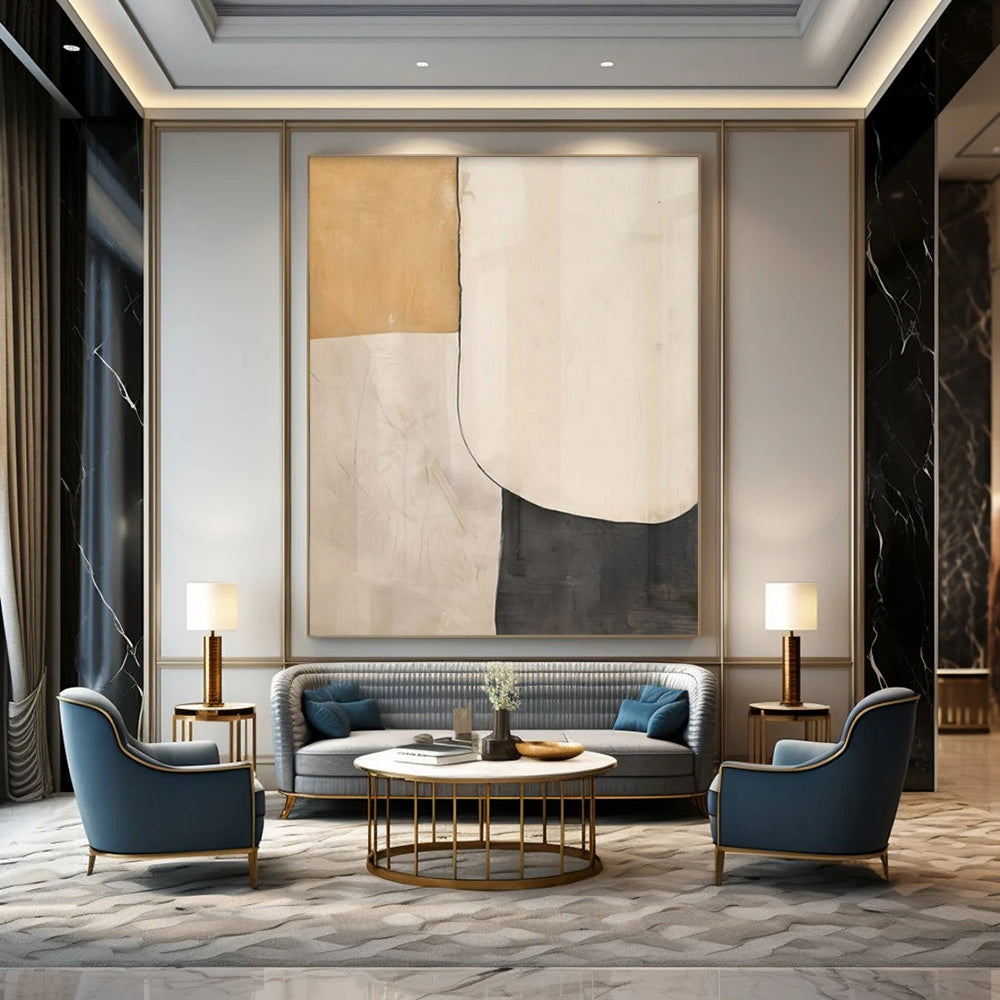 Beige, White, and Black Shapes "Classic Minimalism" Abstract Geometric Painting On Canvas PS1050