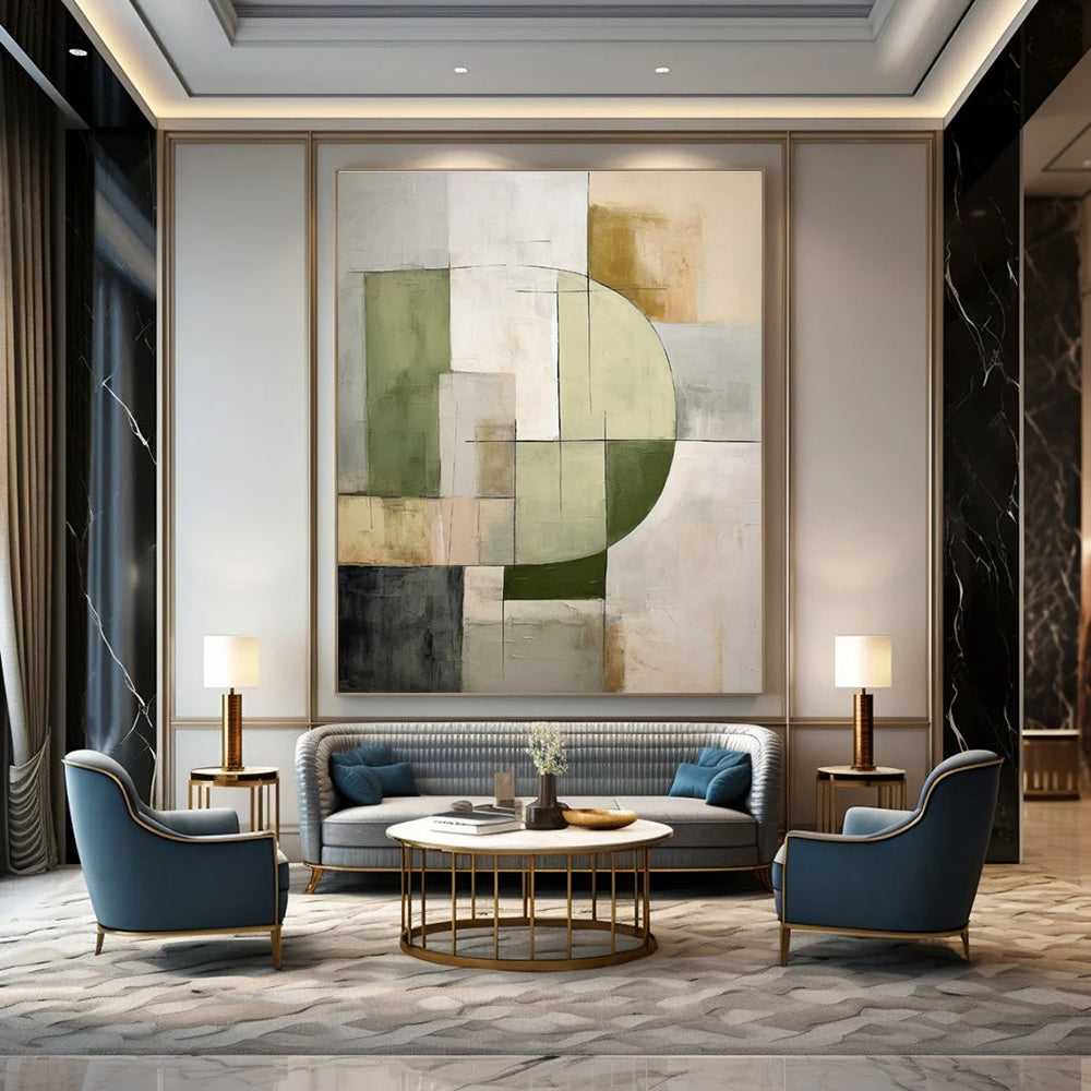 Green, Gray, Beige, Black with Geometric Mix "Balanced Abstraction" Abstract Painting On Canvas PS1451