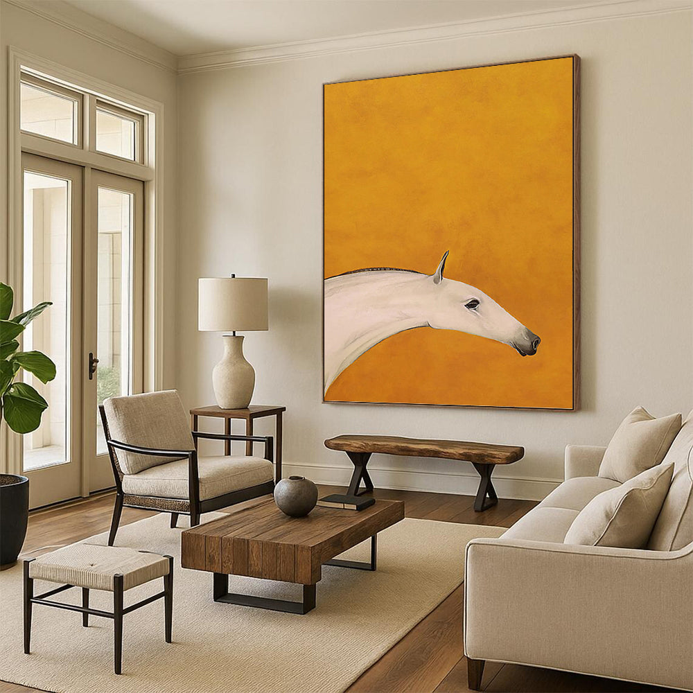 “Minimalist White Horse on Orange” - Minimalist - Inspired Animal Painting On Canvas PT1427