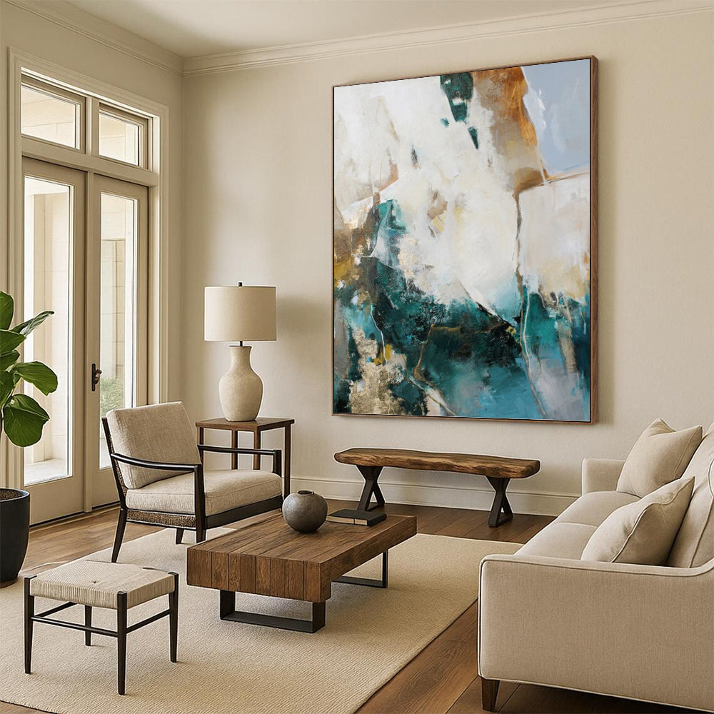 “Teal, Gold and White Abstract” - Bold Color Fusion Painting on Canvas PT1013