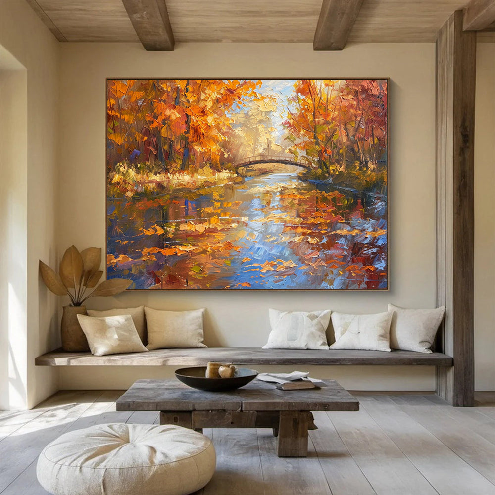 “Autumn River Walk” - Realistic Fall Landscape Painting On Canvas PT196