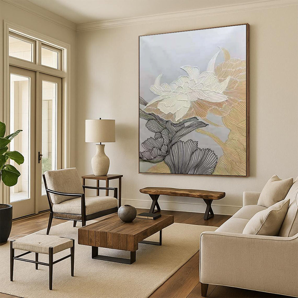 “Line - Detailed Floral Abstract” - Contemporary Floral Painting On Canvas PT1958