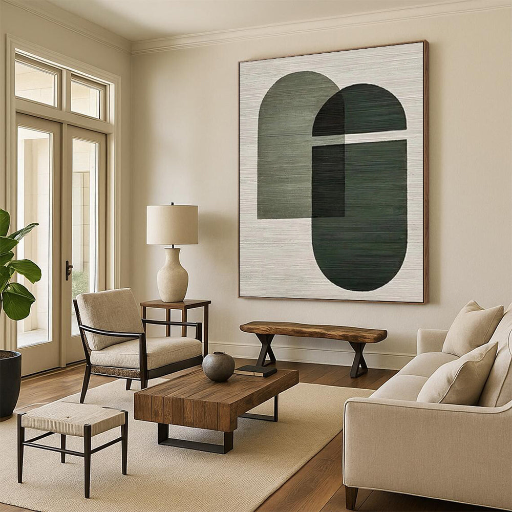 “Green - Grey Geometric Overlaps” - Modern Abstract Painting On Canvas PT1131