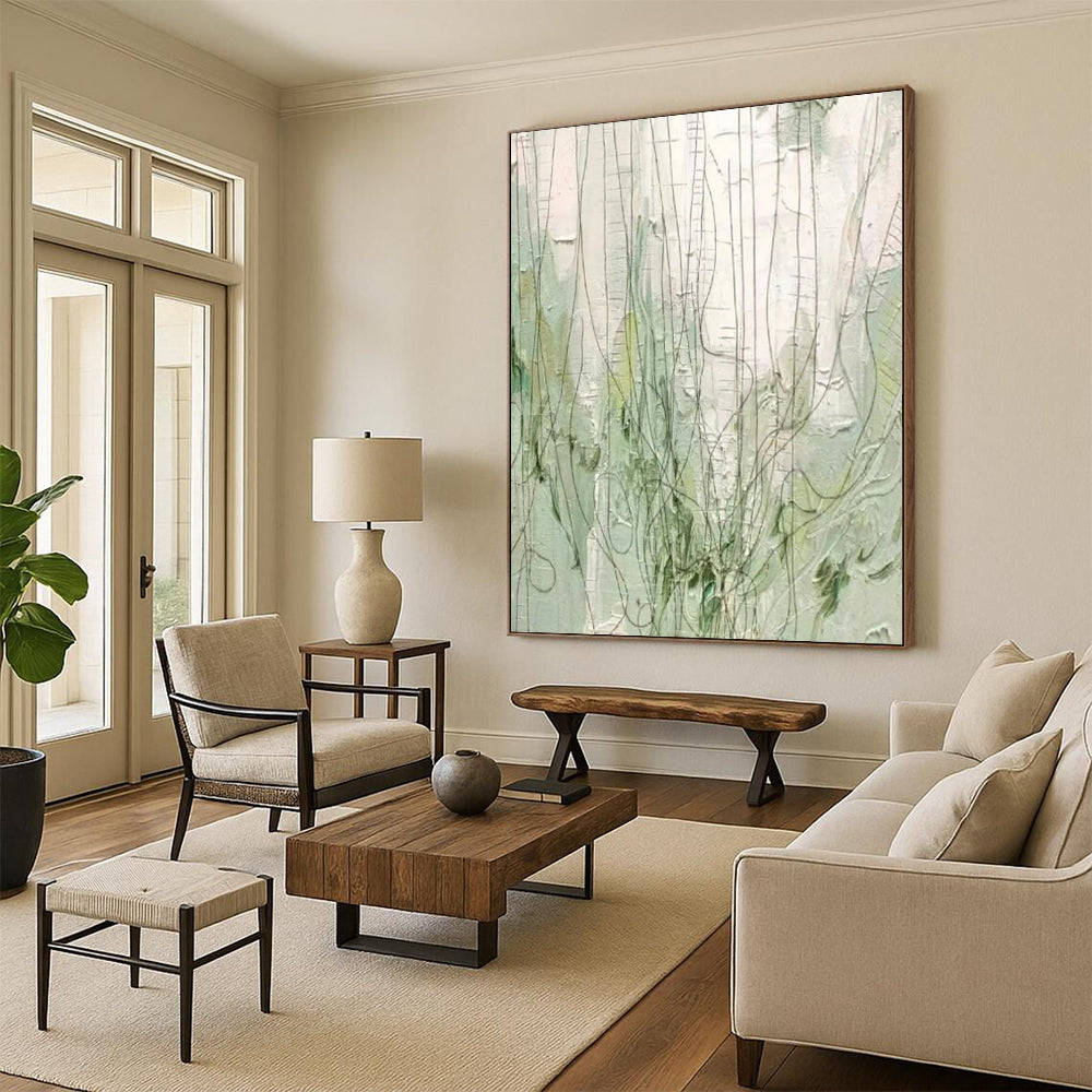 “Green and Gray Textured Abstract” - Linear Abstract Painting On Canvas PT2280