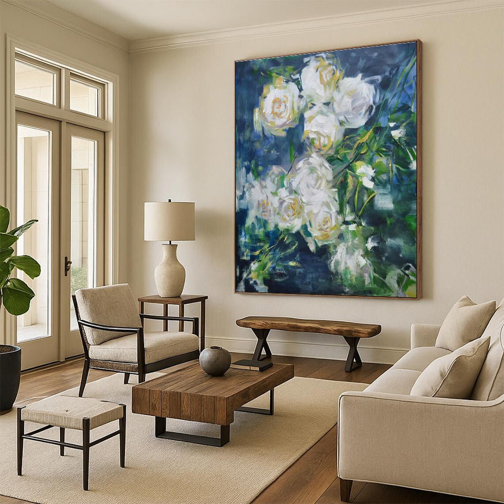 White Roses with Green, "Blurred Blooms" – Impressionistic Floral On Canvas PS0892