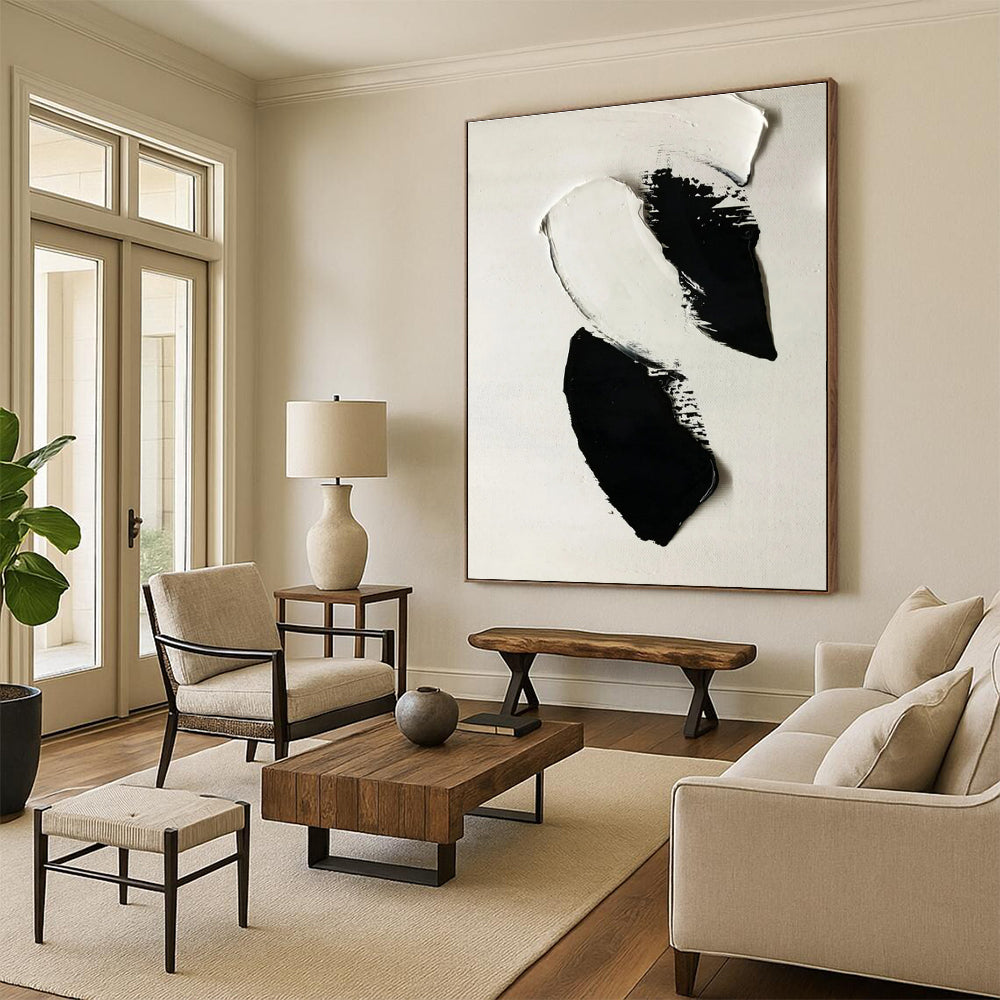 “Bold Black - White Strokes” - Black, White Abstract Minimalist Painting On Canvas PS0710