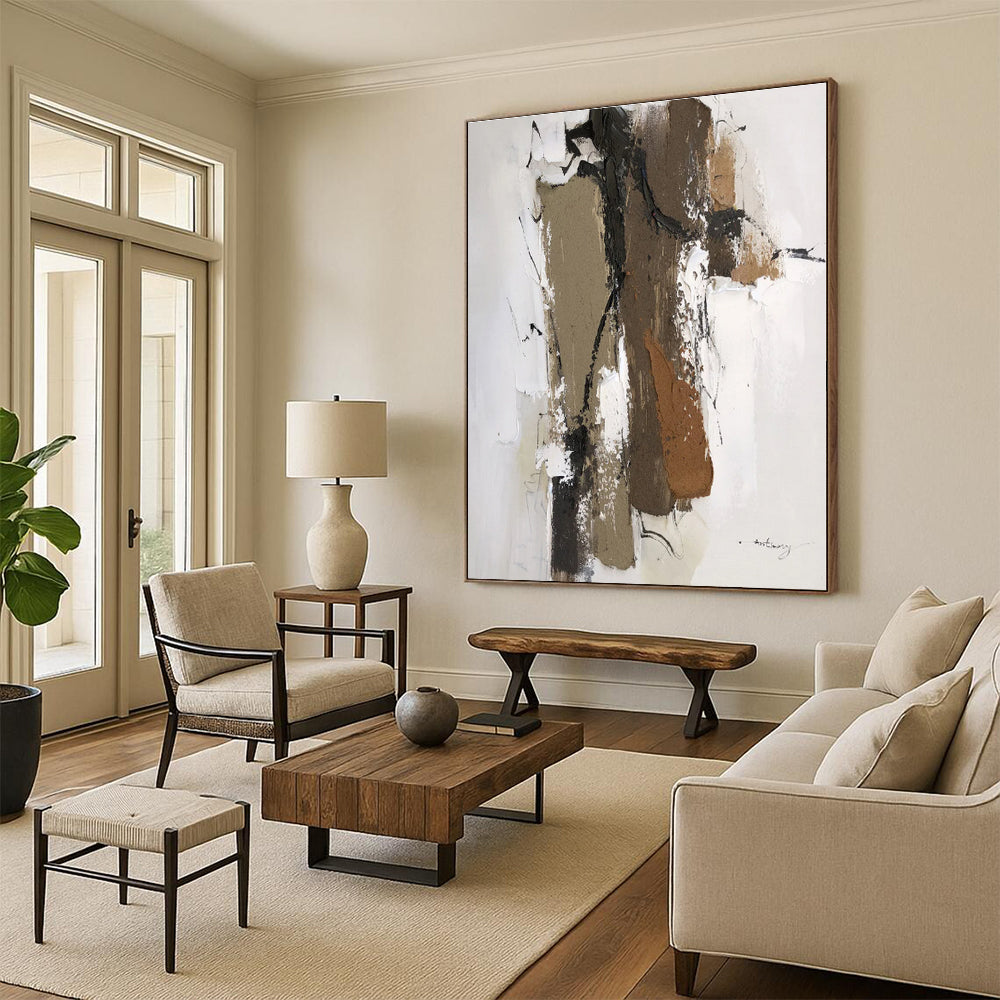 “Brown - White Layered Abstraction” - Brown, White, Black Abstract Painting On Canvas PS0496