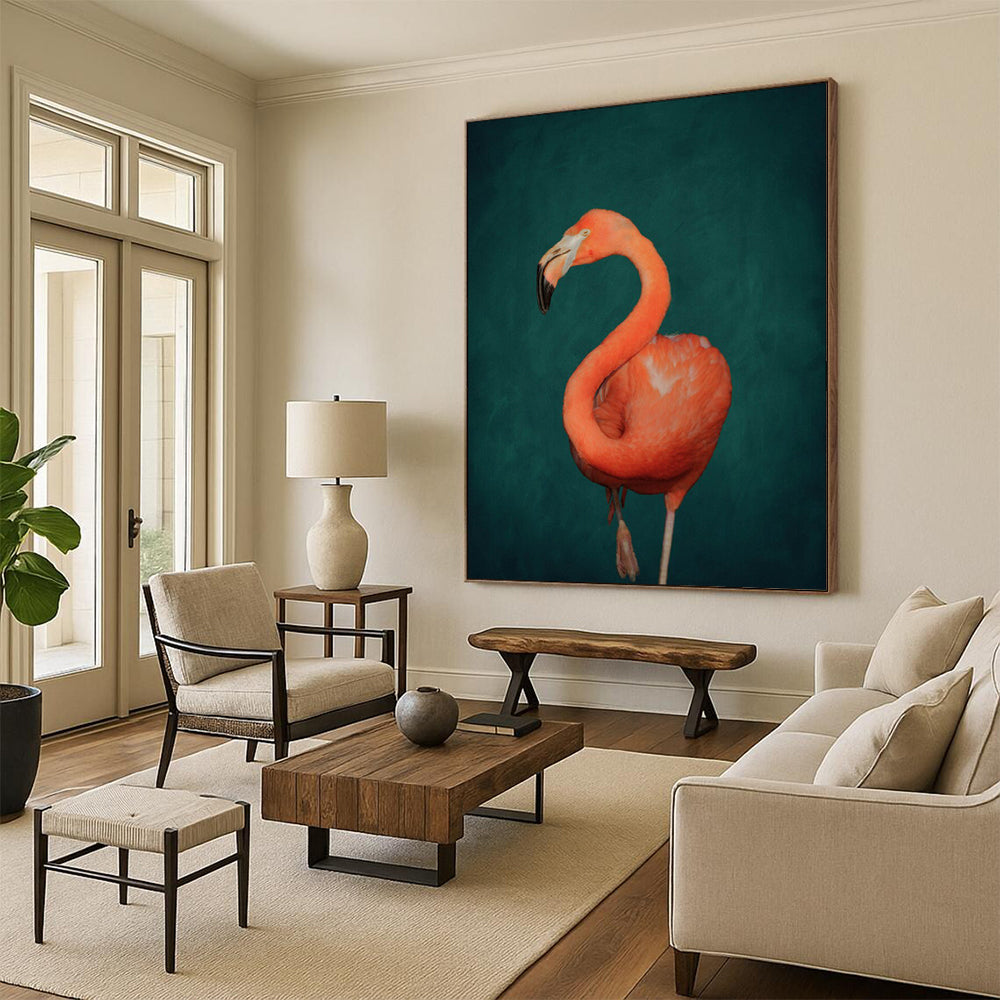 “Pink Flamingo on Dark Green” - Wildlife Portrait Painting On Canvas PT1920