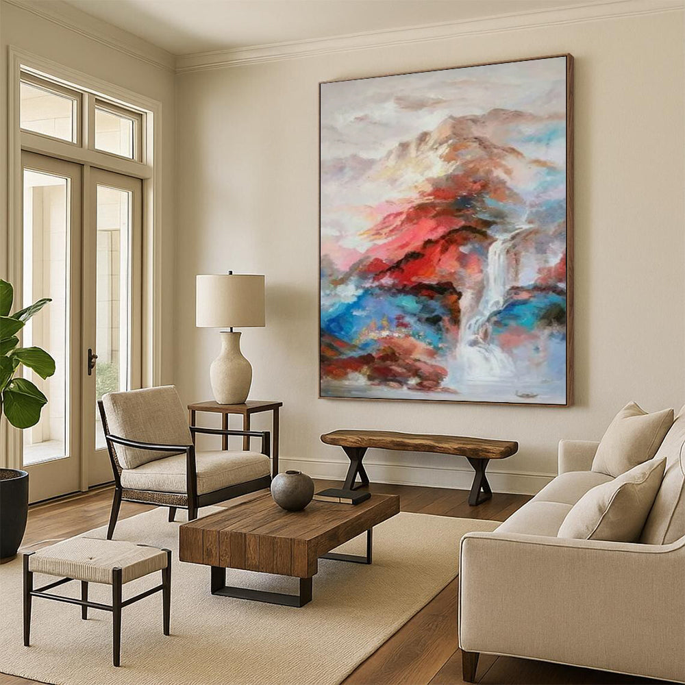 “Colorful Mountain Waterfall” - Abstract Landscape Painting On Canvas PT2346