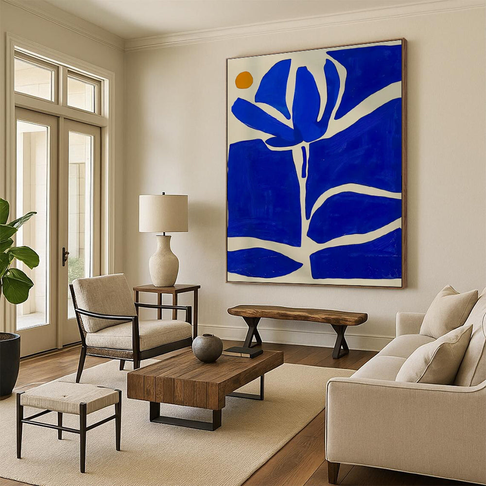 Blue, White & Orange Floral Abstract "Midnight Bloom" Painting On Canvas PS0872
