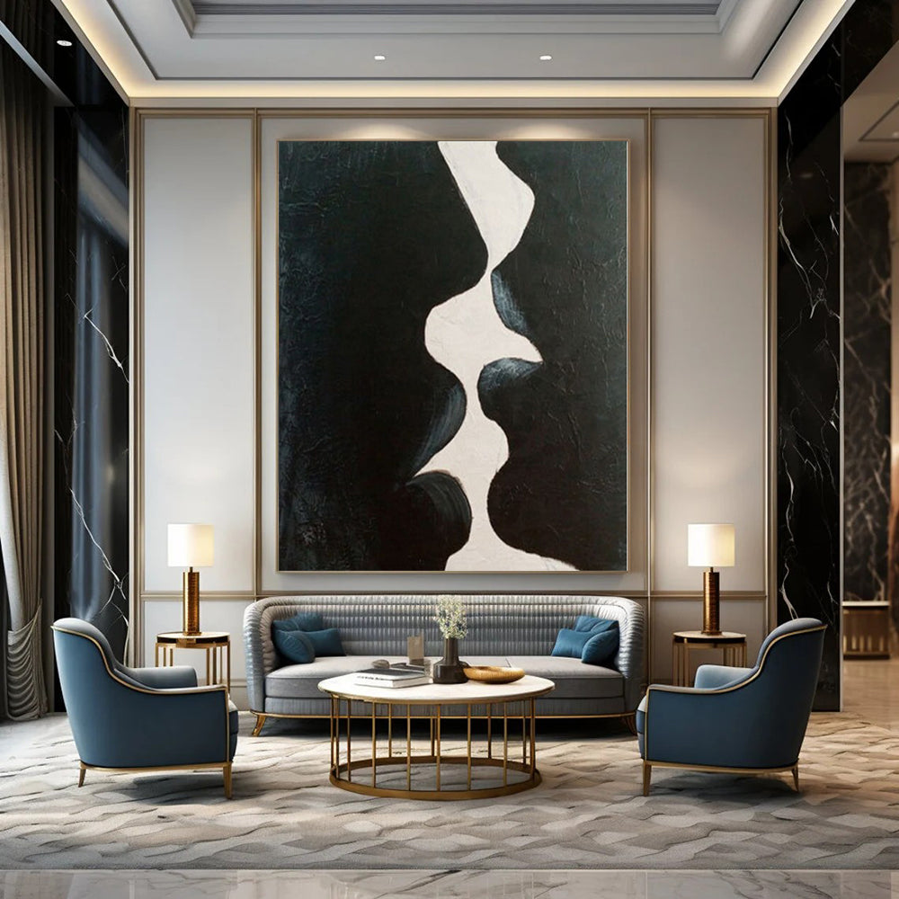 Black, White with Abstract Shapes "Shadow Kiss" Minimalist Painting On Canvas PS1199