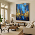 “Blue - Gold Abstract Forest” - Blue, Gold Abstract Painting On Canvas PS0449