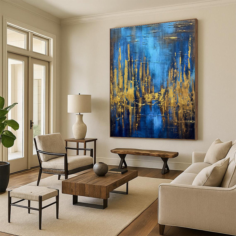 “Blue - Gold Abstract Forest” - Blue, Gold Abstract Painting On Canvas PS0449
