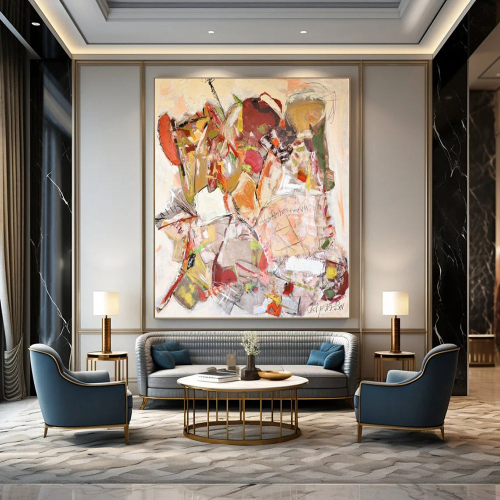 Colorful, Collaged - like Forms with Mixed Textures "Bohemian Tapestry" Abstract Painting On Canvas PS1171