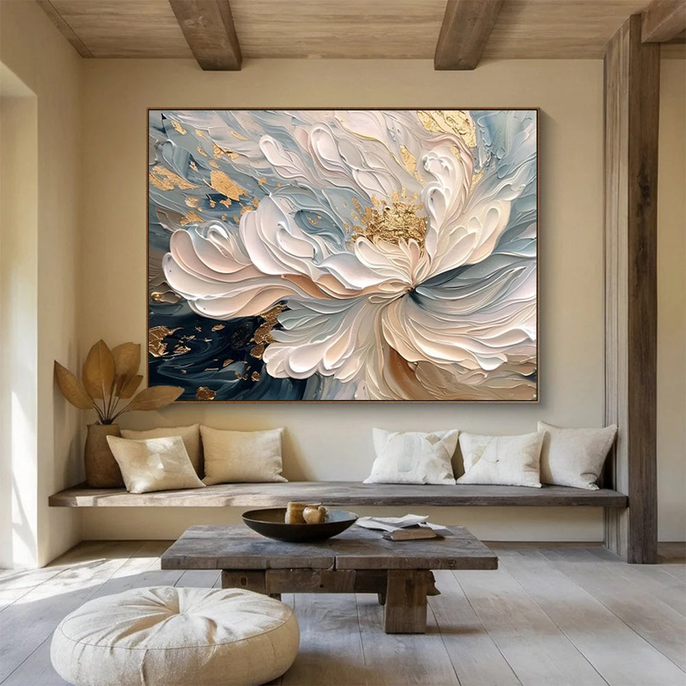 “Elegant Gilded Bloom” - Soft Blue, White & Gold Floral, 3D - Textured Flower Art Painting On Canvas DKS682