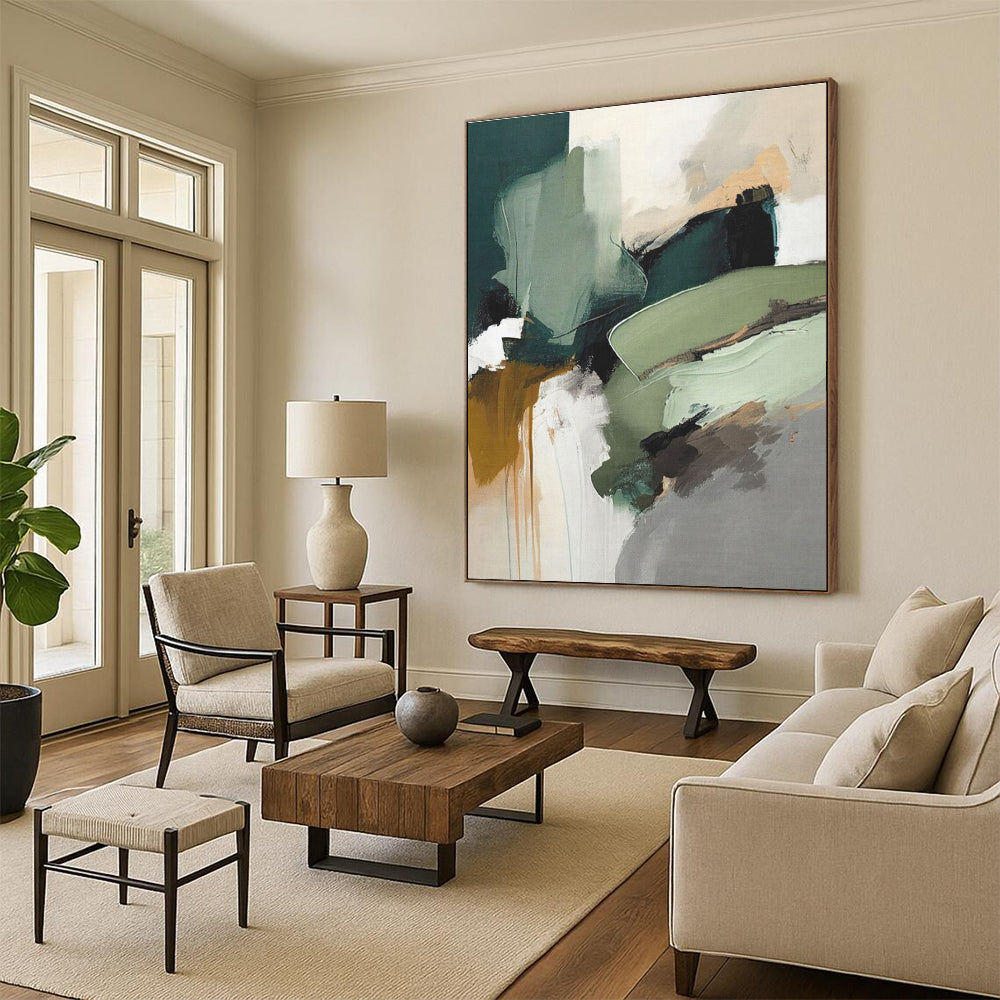 “Green - Neutral Abstract Flow” - Green, Neutral Tones Abstract Expressionist Painting On Canvas PS0737