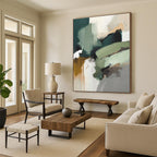 “Green - Neutral Abstract Flow” - Green, Neutral Tones Abstract Expressionist Painting On Canvas PS0737