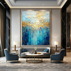 Blue, Gold, and Teal, "Golden Lagoon" – Abstract Landscape Painting On Canvas PS1015