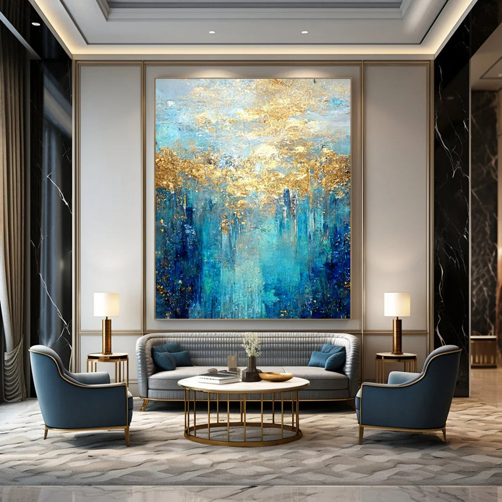 Blue, Gold, and Teal, "Golden Lagoon" – Abstract Landscape Painting On Canvas PS1015