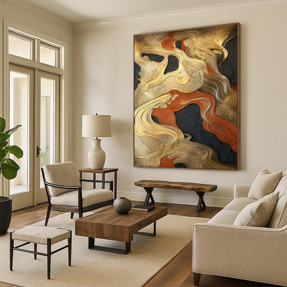 Gold, Orange & Black Abstract Waves Painting On Canvas PS0822