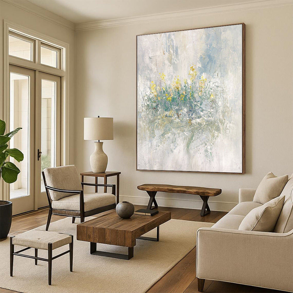 “Soft Yellow - Green Floral Abstract” - Impressionistic Floral Painting On Canvas PS0304