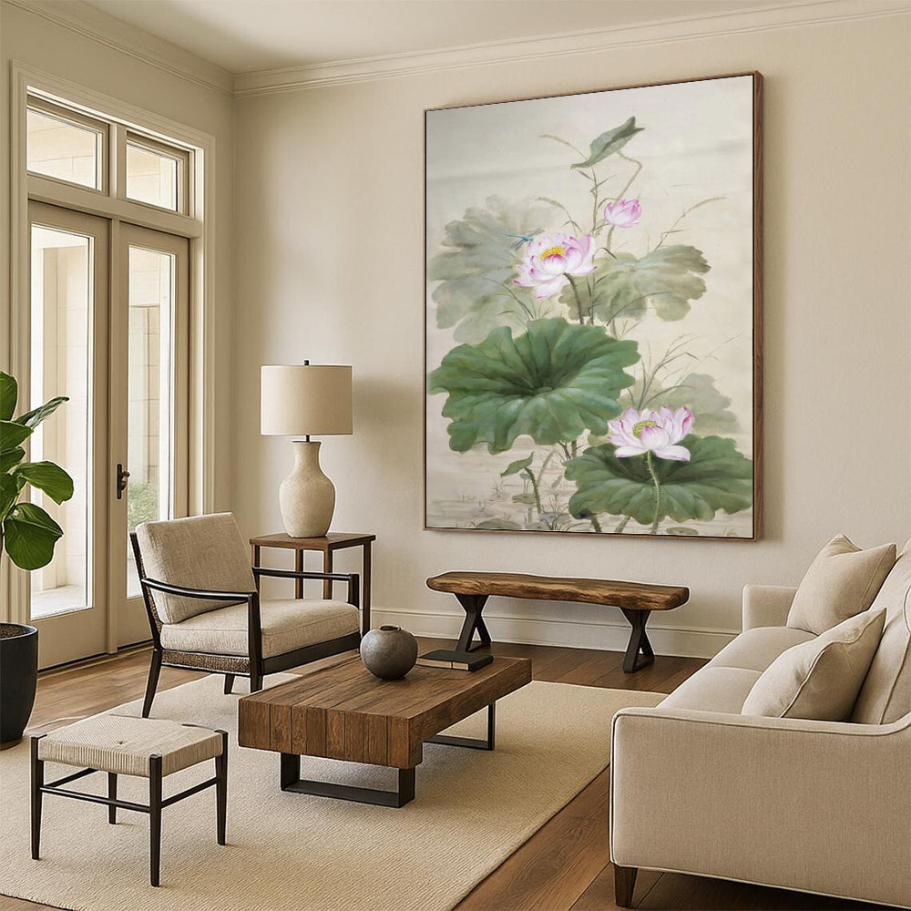 “Traditional Chinese Lotus” - Oriental, Floral - Themed Painting On Canvas PT1588