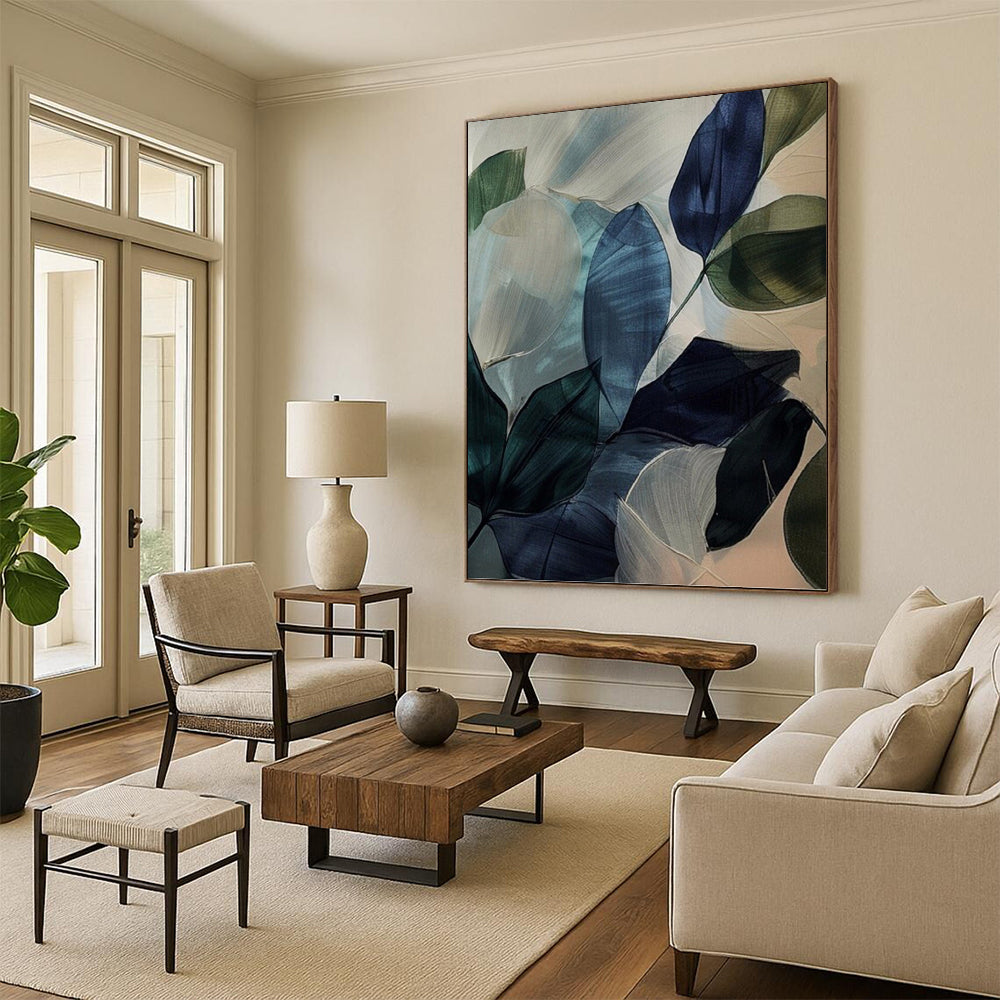 “Translucent Leaves: Blue - Green Botanical Art” - Delicate Nature Painting On Canvas PT0972