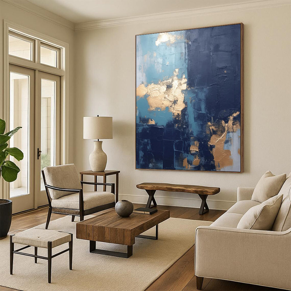 “Blue - Gold Fusion” - Textured Abstract with Metallic Accents Painting On Canvas DS130