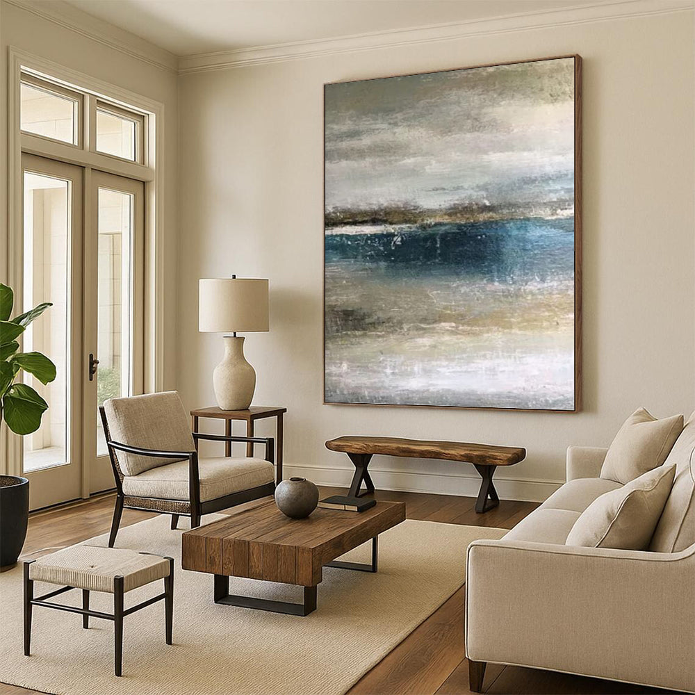 “Muted Tones Seascape: Grey, Blue, and Beige” - Abstract Coastal Painting On Canvas PT0945