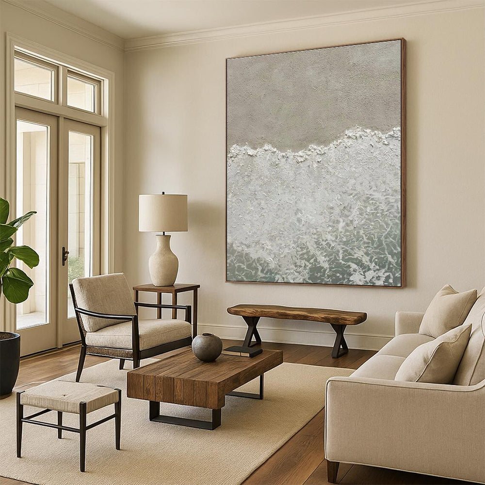 “Textured Beach Waves” - Beige, White, Blue Abstract Seascape Painting On Canvas PS0678
