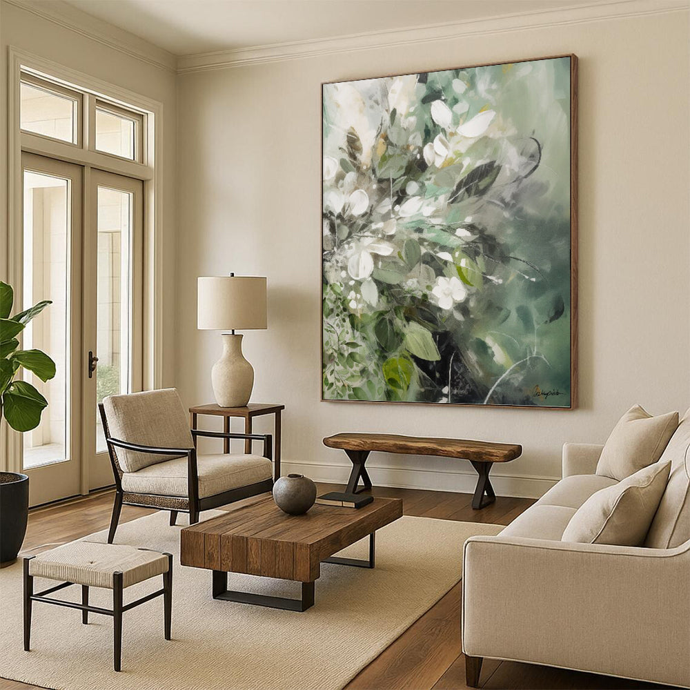 “Green - White Floral Blend” - Soft Floral Abstract Painting On Canvas PT1086