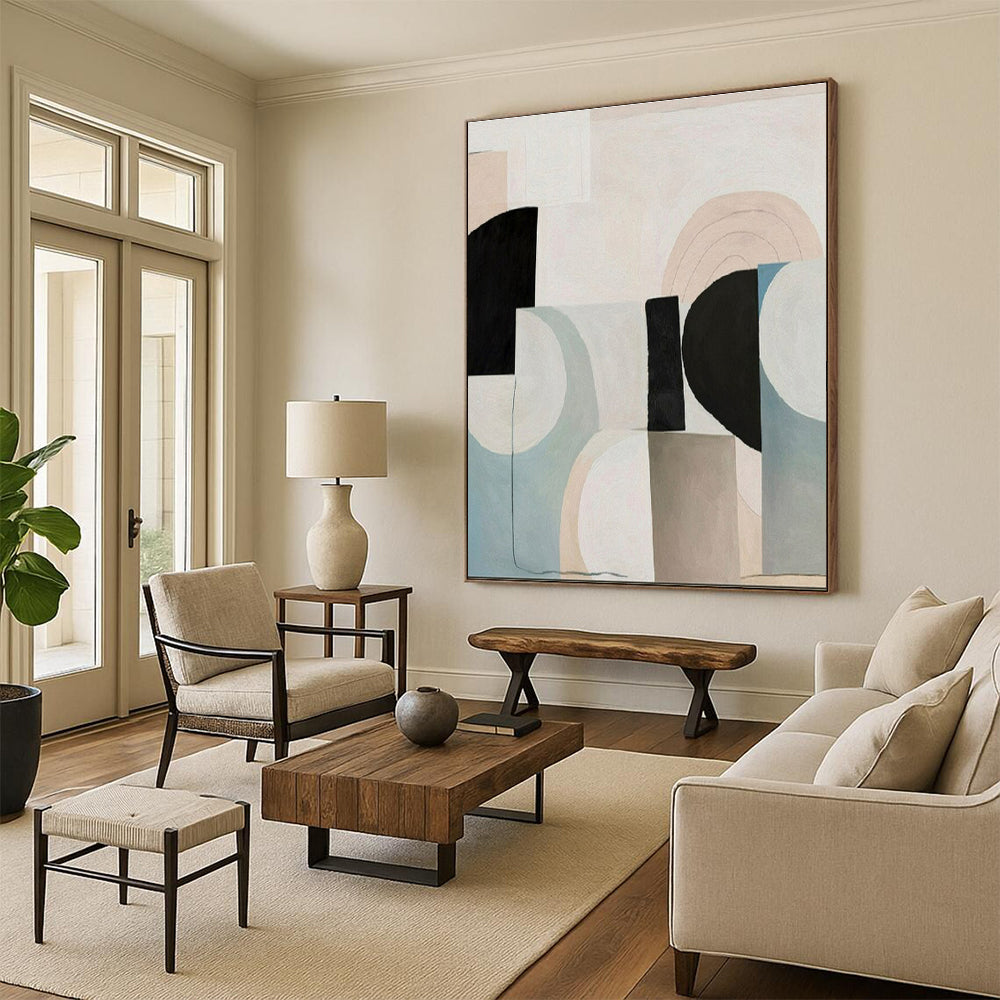 “Soft Geometric Mix” - Beige, Black, Blue, Gray Abstract Geometric Painting On Canvas PS0672