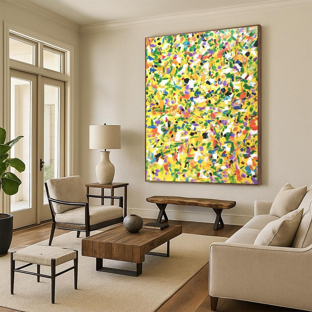 Bright Yellow - Green Dots, "Sunny Meadow" – Pointillist - Inspired Abstract On Canvas PS0901