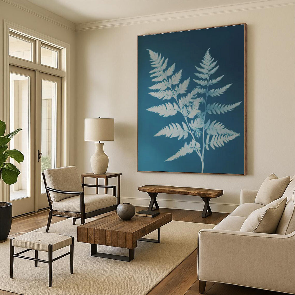 White Ferns on Blue, "Fern Fantasy" – Botanical Silhouette Painting On Canvas PS0874